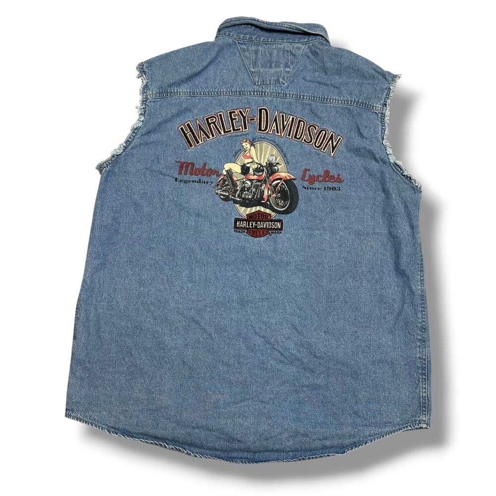 Vintage Y2K Harley Davidson Embroidered Denim Jean Vest Pinup Eagle Hog Sz XL